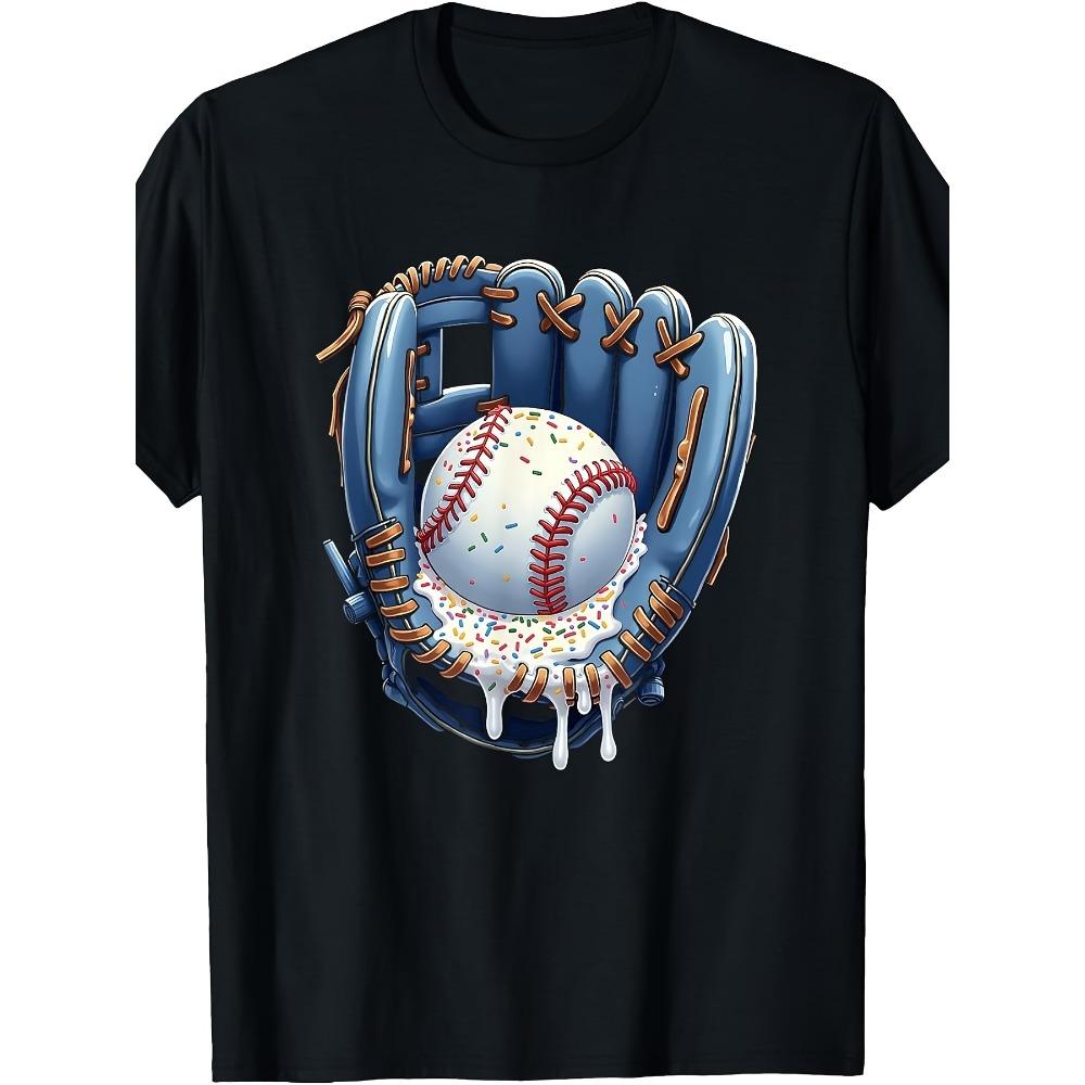 Baseball Drip Boys Glove Ice Cream Drip Youth Sports T-Shirt Same Style for Men and Women 2025 Summer Short-sleeved Printed