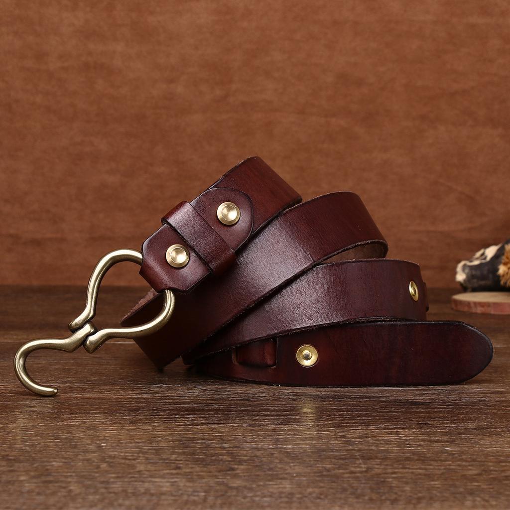 Кожаный ремень из утолщенной растительной дубленой коровьей кожи, мужской кожаный ремень с крючком в стиле ретро из меди, модный мужской ремень для брюк