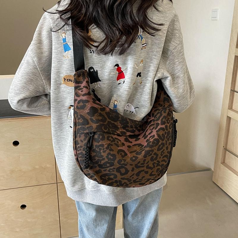 Leopard Print Canvas Dumpling Bag Women Sport Shoulder Crossbody Bag