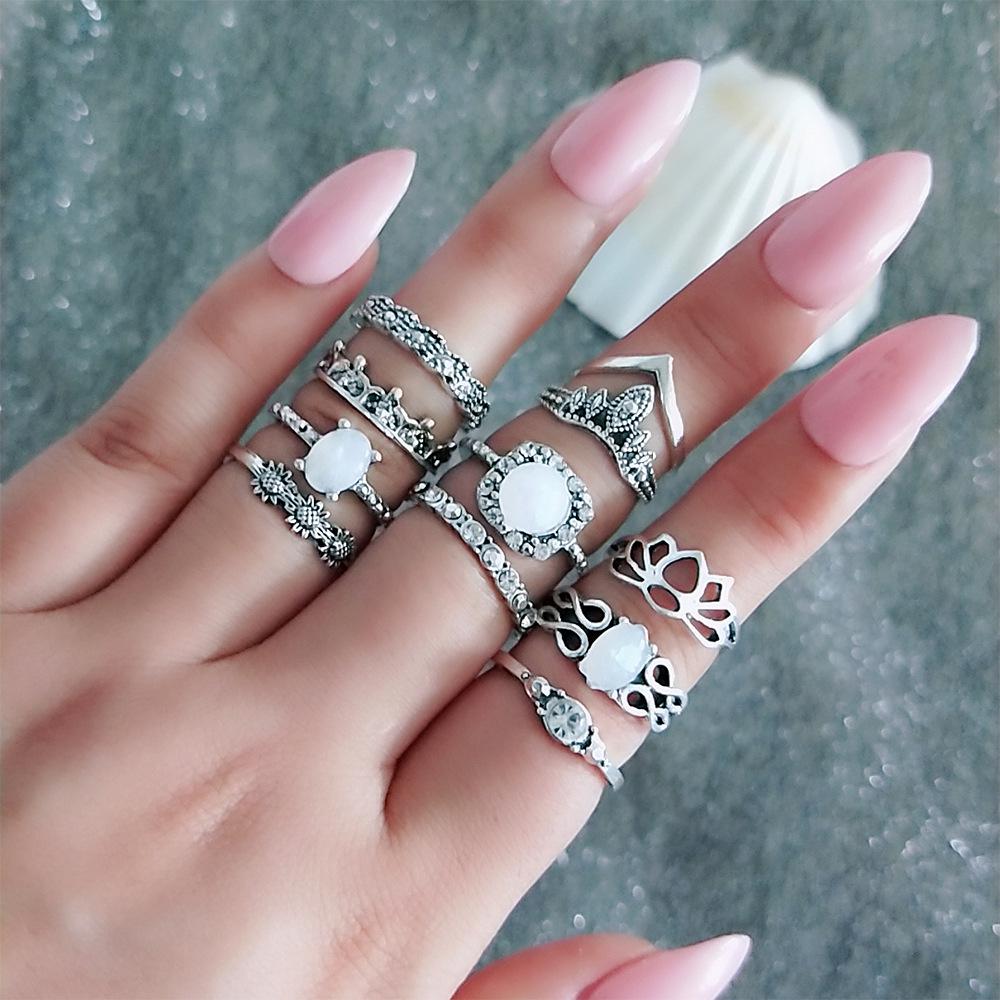 Bohemian Retro Totem Gemstone Openwork Ring Set for Women - 11 Pieces