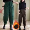 Большие размеры, корейские осенне-зимние женские толстые теплые брюки с высокой талией, коричневые, зеленые, черные свободные брюки, шаровары с карманами на эластичной талии