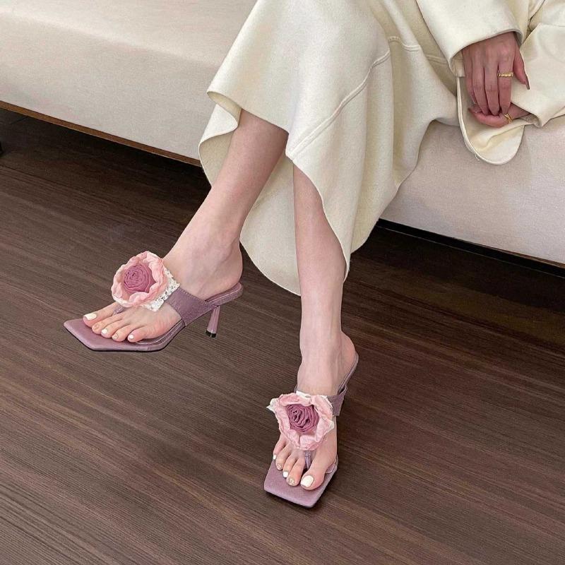 Модные женские тапочки с цветочным декором, тапочки-мюли на высоком каблуке, женские повседневные трендовые сандалии с открытым носком и тонким каблуком, Sandalias Mujer