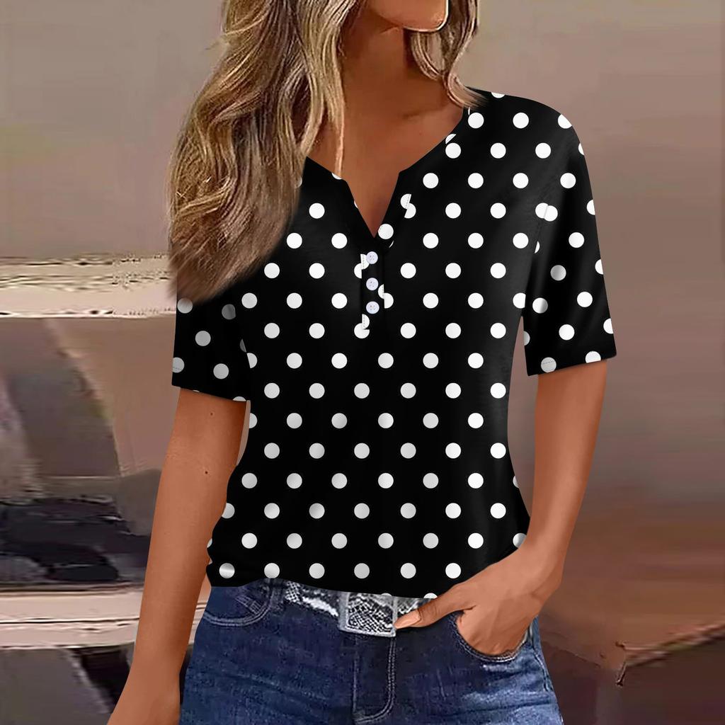 Women's Fashion Casual Solid Color Dot Print V-Neck Short Sleeve Decorative Button T-Shirt Top