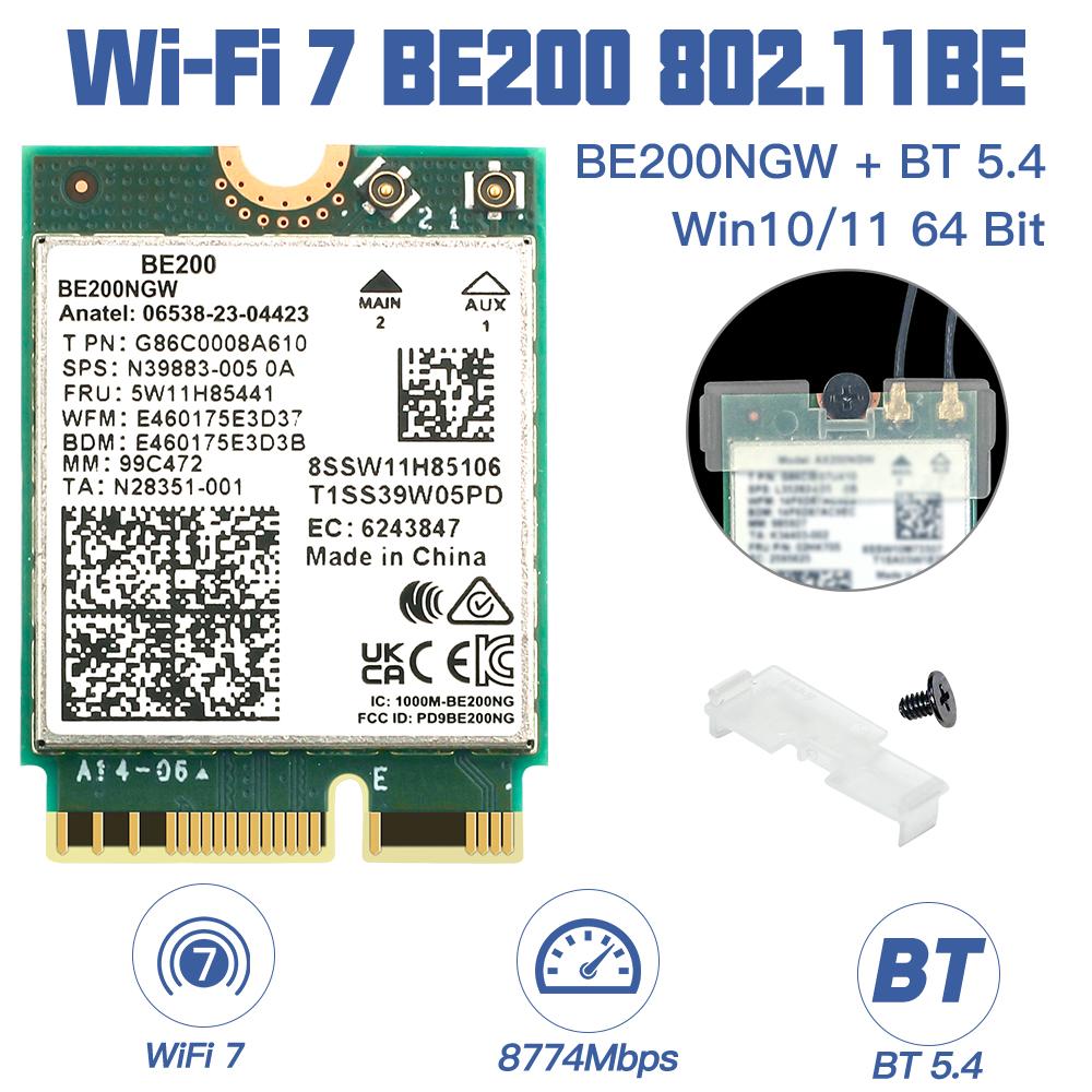 WiFi 7 для беспроводной сетевой карты Intel BE200 Bluetooth 5.4 WiFi BE200NGW NGFF адаптер 802.11AX 2.4G/5G/6GHz для ПК Win10/11