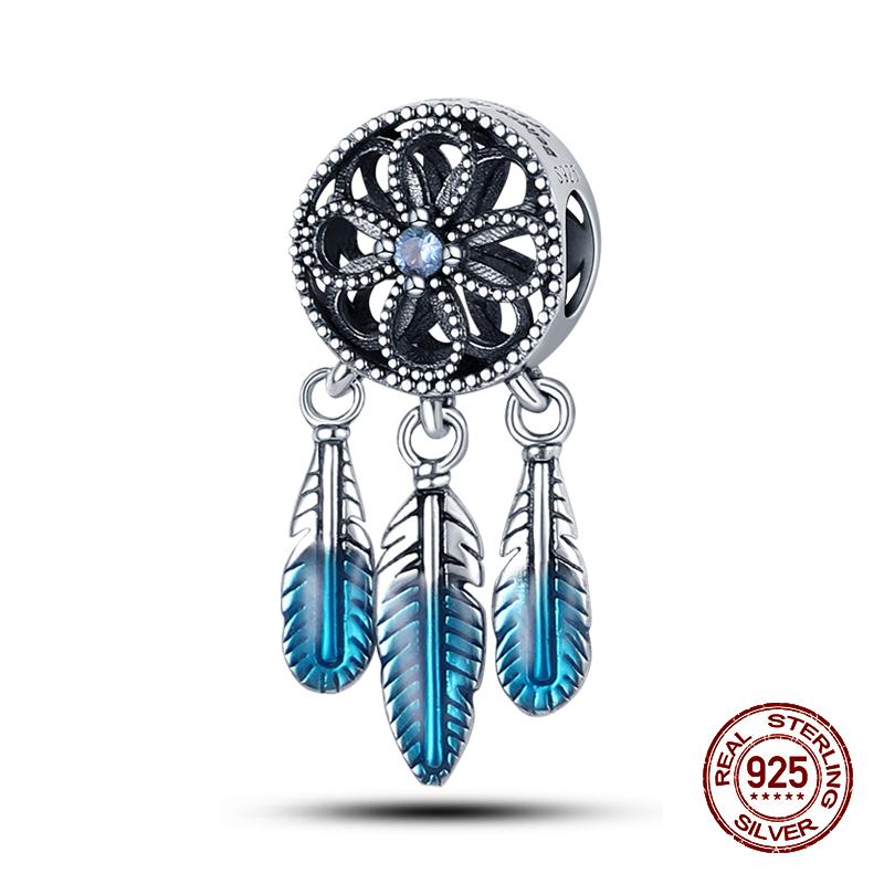 100% оригинальное серебро 925 пробы с перьями, красочные подвески в виде ловца снов, подвески, подходят для оригинальных браслетов 925, ювелирные изделия своими руками