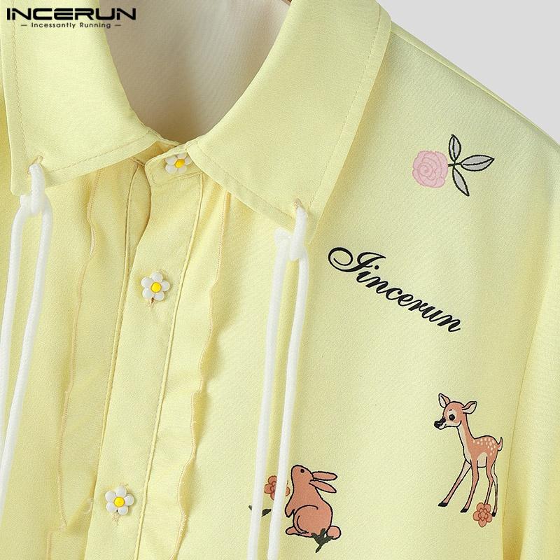 INCERUN Летние мужские повседневные праздничные топы с коротким рукавом и цветочным принтом с лацканами, футболки