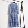 Womens Vintage Floral Print Maxi Dress High Waist Long Sleeve Round Neck Slim Fit A Line