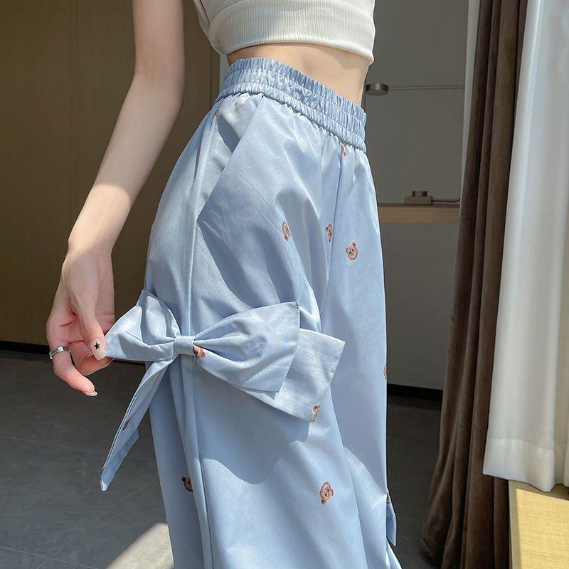 Street Fashion Summer Cargo Pants Women New Elastic High Waist Little Bear Bow Youthful Vitality Casual Loose Wide Leg Trousers