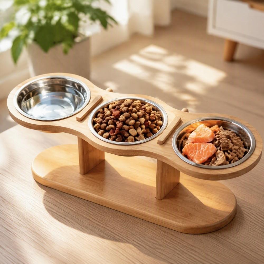 3 Bowls Elevated Pet Feeder Bowl Detachable Wood Stand Feeder Cat Food Water Bowl Feeding Watering