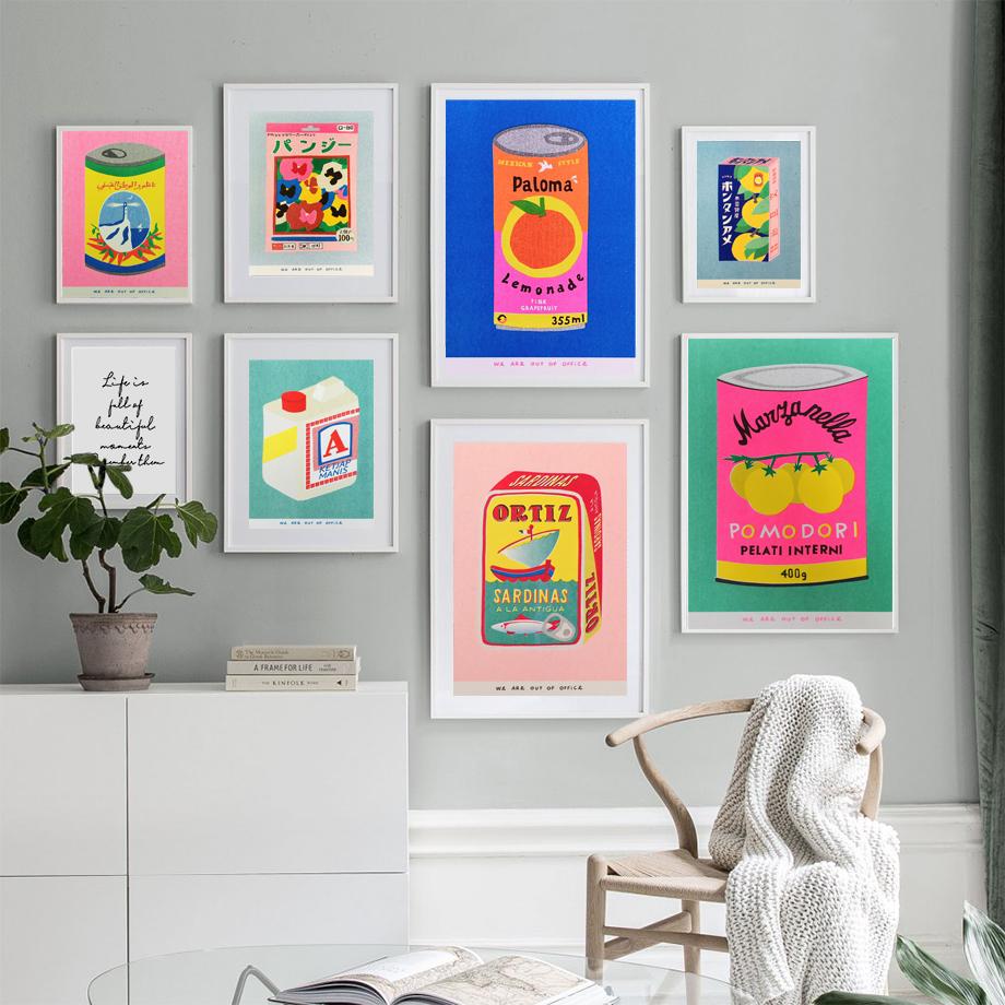 Japanese Pink Cherry Blossom Ink Canned Sardine Tomato Wall Art Painting Nordic Poster Packaged Print Pictures Living Room Decor
