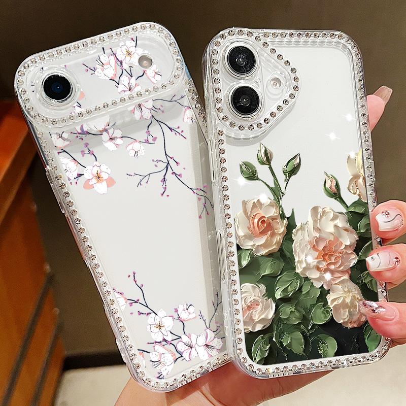 Противоударный чехол из ТПУ с цветочным принтом для iPhone 17 Pro Max 16e 16 15 14 13 15 Pro 17 ТПУ Блестящий бриллиант Мягкий силиконовый чехол для телефона