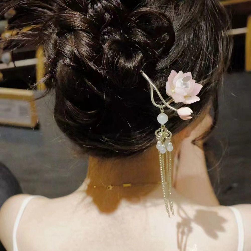 Zinc Zinc Alloy Lantern Hairpin Flower LED Light Hair Fork Exquisite Lotus Tassel Hair Stick Cheongsam