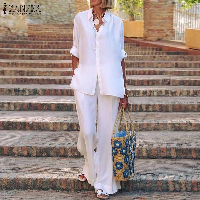 ZANZEA Комплекты из двух предметов, женские рубашки с длинными рукавами, топы и длинные брюки, широкие брюки, повседневные свободные костюмы размера плюс