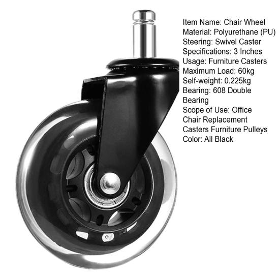 Сверхмощные колеса для офисного стула. Тихие ролики для стульев. Гладкая защита пола. Поворотные ролики из полиуретана для коворкинга.
