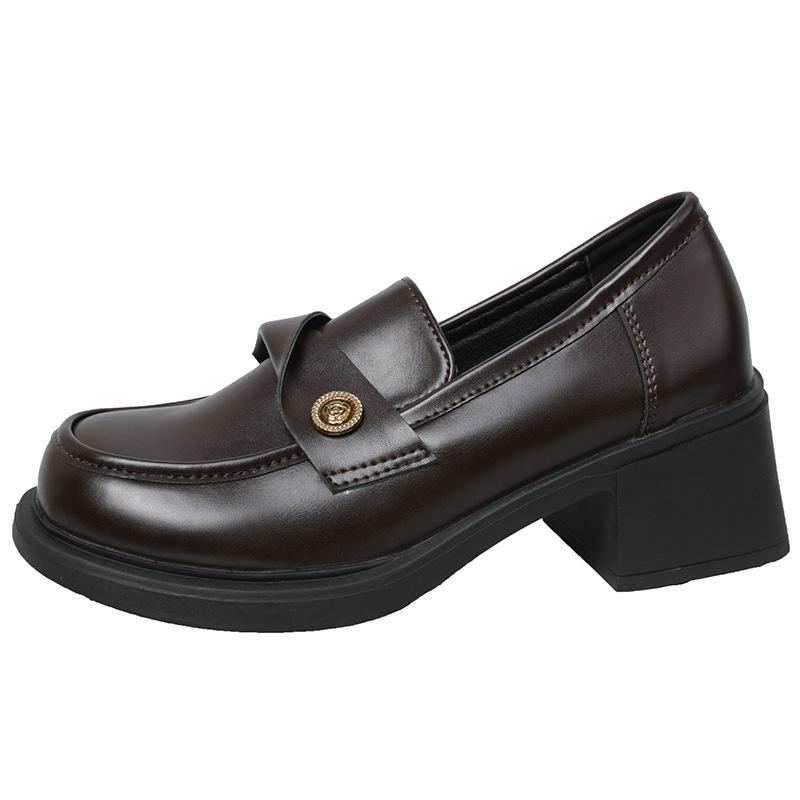 Retro Round Head One-pedal Brown Platform Small Leather Shoes Women's Spring and Autumn 2025 New French Thick-heeled Loafers