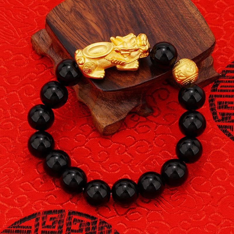 Luxury 24k Gold Pixiu Imitation Agate Bracelet for Men, Obsidian Bracelet, Sand Gold
