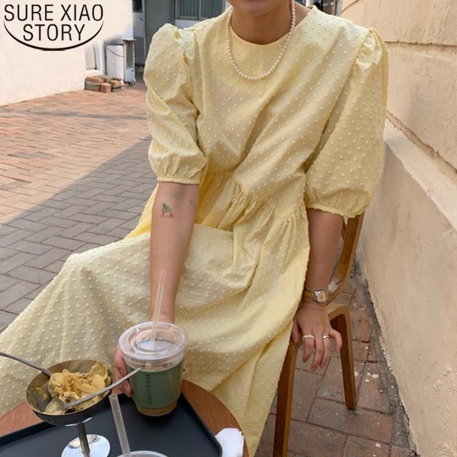 Женское длинное платье, летнее повседневное платье с круглым вырезом и пышными рукавами, элегантное женское платье в горошек, женское свободное платье, Vestidos Femme