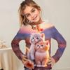 3D Кошка Графические Футболки Осенняя Одежда для Девочек Круглый Вырез Уличный Стиль Топ Футболка с Длинным Рукавом Мультяшное Животное Детские Футболки