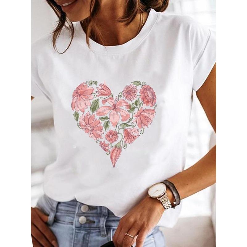 Весна Лето Женская одежда Love Flower Plant Printed Casual Simple Trend Top Round Neck Чистый хлопок Короткие рукава Футболки женские