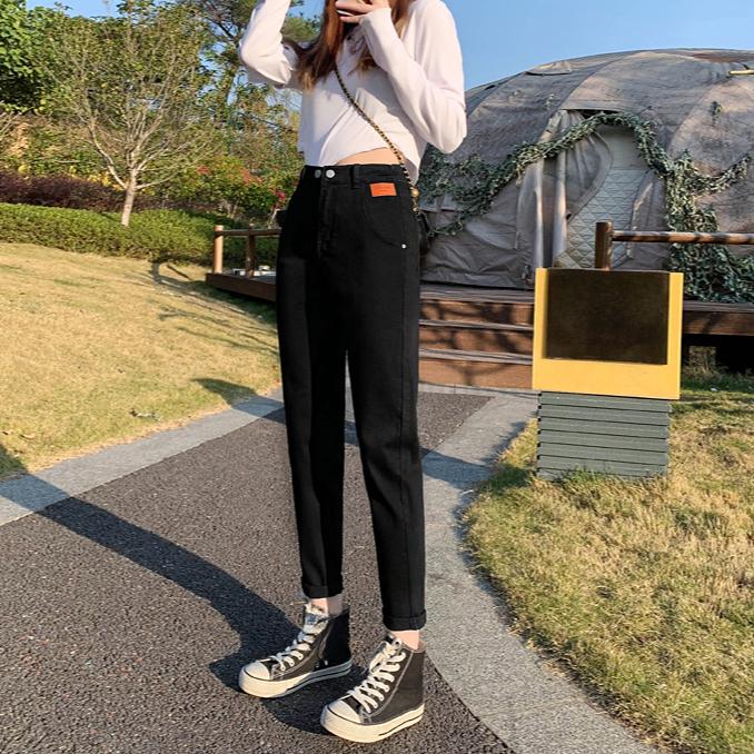 Весна Женские Джинсы Большого Размера Эластичные Пуговицы Прямые Базовые Брюки с Высокой Посадкой Синие Длинные Брюки