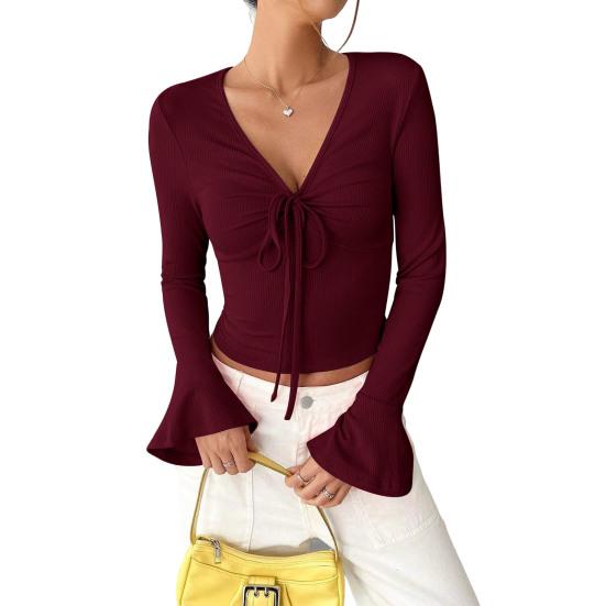 Женские топы с V-образным вырезом, расклешенные, с длинным рукавом, на шнуровке, пуловеры, облегающие, однотонные, повседневные топы, универсальная повседневная одежда