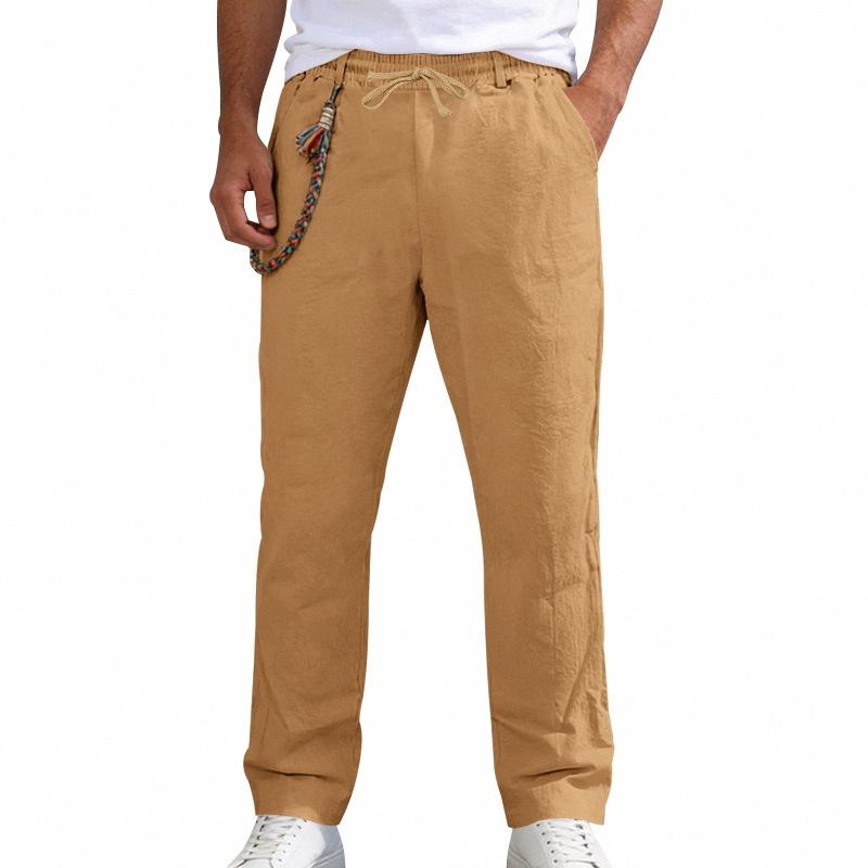 Men’s All-season Loose-fit Casual Linen Trousers with Bohemian-style Decorative Waistband and Straight-leg Cut