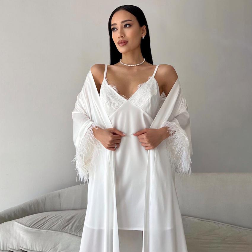 European and American new products, white satin feather splicing nightgown, nightdress, two-piece set, pajamas, women's loungewear