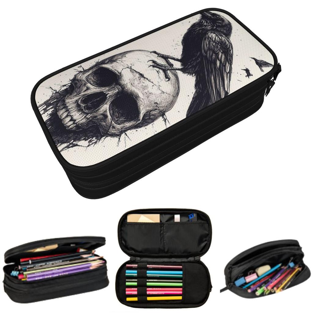 The Raven And Skull Pencil Case for Studen Gifts Pen Box Pencil Bag Stationery Supplies Pen Holder Bag