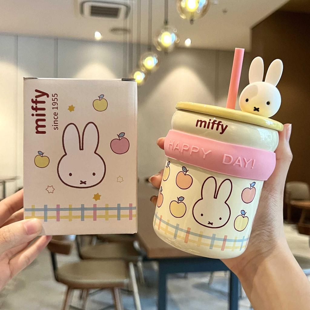 Подарок на день рождения Миффи Кролик Соломенная чашка для воды для девочек Керамическая кружка с крышкой Офисная кофейная чашка Сувенирный подарок