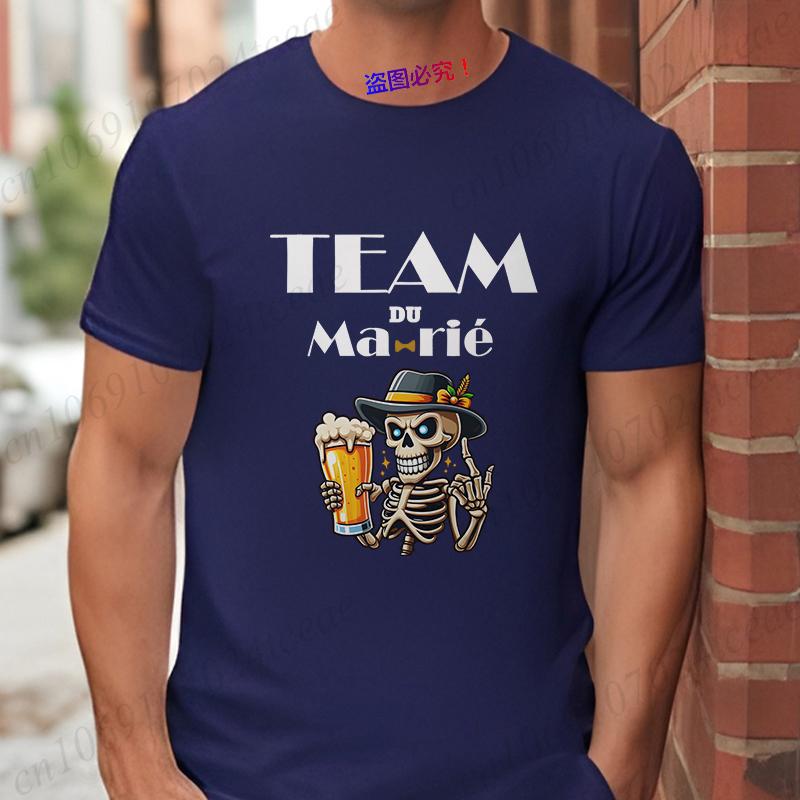 French Funny Single Farewell Bachelor Party T-shirt Wedding Beer Skeleton Tops Evg Team Married Tee Future Groom Squad Shirt