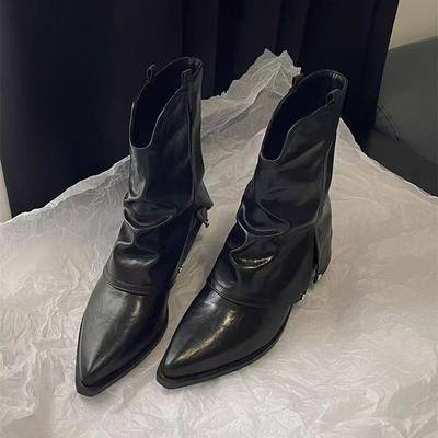 Коричневые ботильоны на толстом каблуке с острым носком - Женские Весна/Осень 2025 Западный Уличный Стиль Ковбойские Ботинки