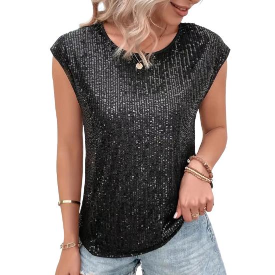 Женская футболка с круглым вырезом без рукавов свободного кроя футболка с блестящими пайетками повседневные футболки стандартного кроя топ повседневная одежда