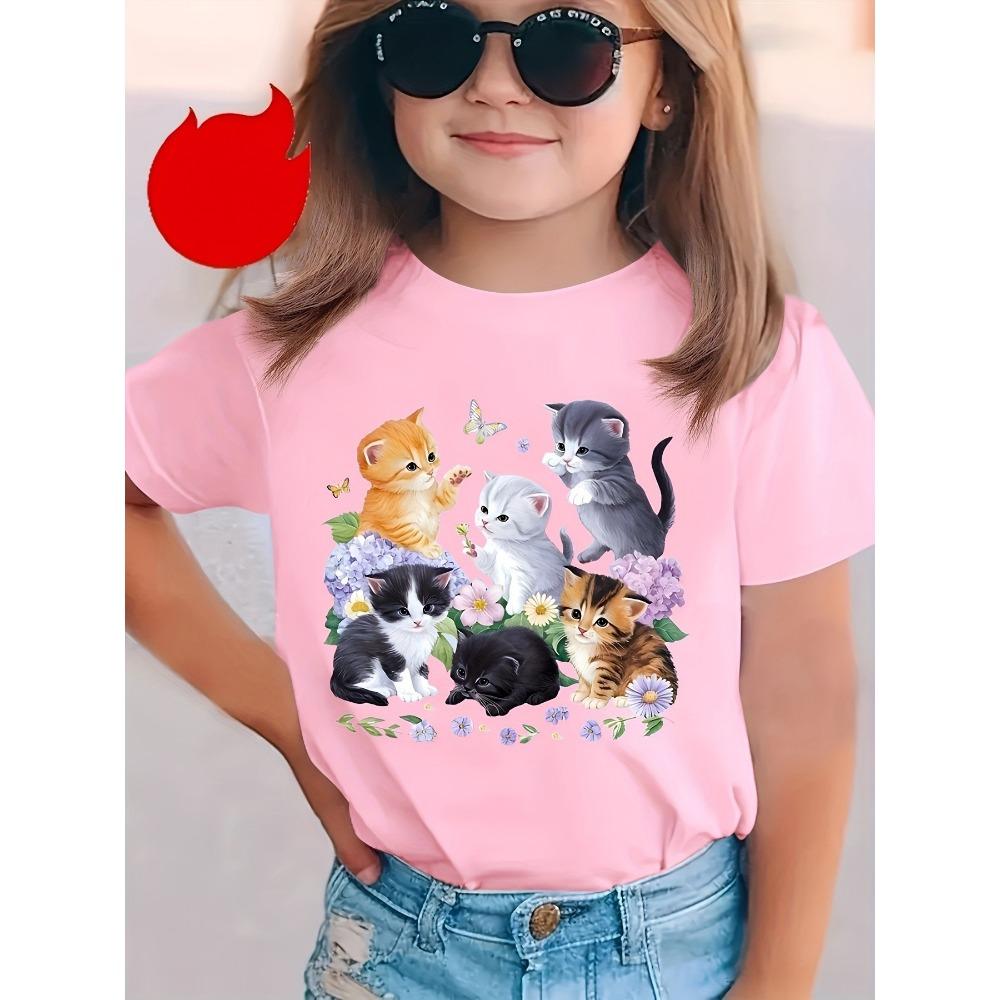Детская футболка с мультяшным принтом кошки для девочек, летняя одежда для школьниц, топ с коротким рукавом, детские топы Kawaii, топы для девочек