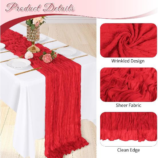 3 Pack Red Cheesecloth Table Runner, 17 x 108 inch, Semi Sheer Boho Cheese Cloth Fabric Table Runner Bulk for Wedding, Birthday, Party, Holiday, Home