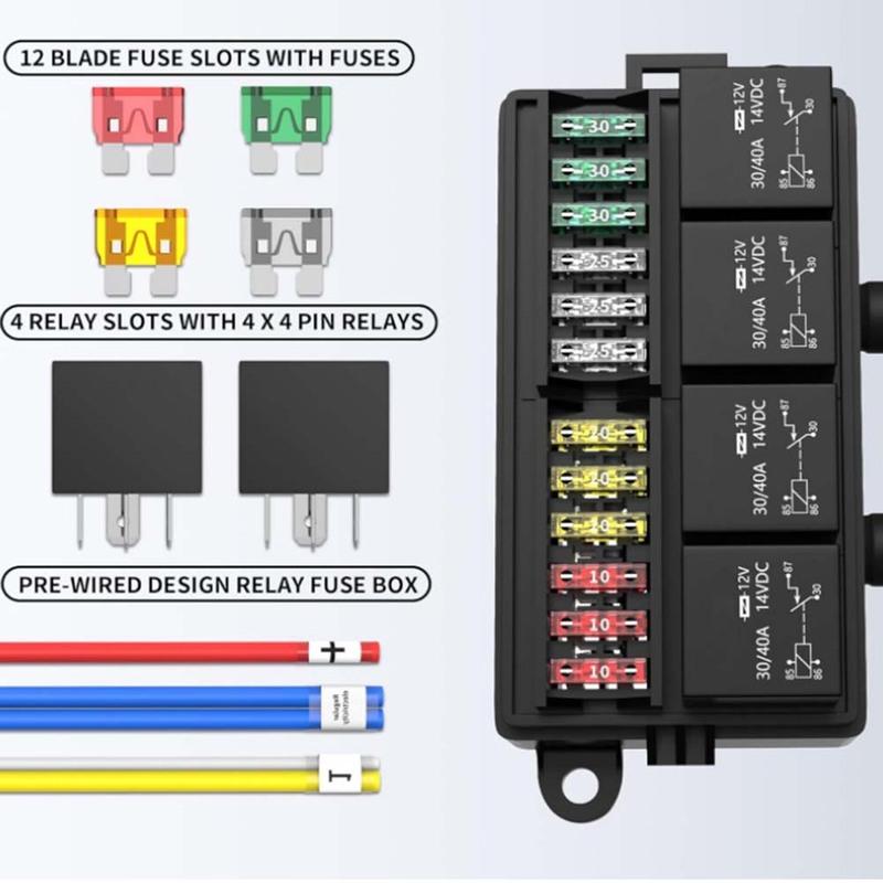 12V Fuse Relay Box with 4 Relays and 12 ATCATO Fuses Prewired with ABS Housing for Vehicle Electrical Circuits