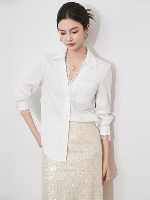 Элегантная рубашка женская модная с длинным рукавом из стираного хлопка с кружевным воротником Питер Пэн