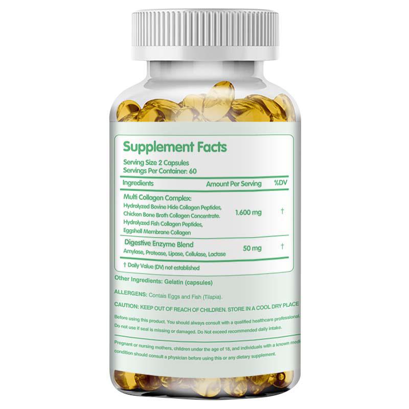 Unisex complex collagen capsules, supporting skin health, hair and nail growth, and joint health. Non-GMO, 120 capsules.