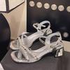 Square Head Word with Sandals Women's Summer Fashion Outer Wear Thick Heel Women's Shoes Temperament Celebrity Rhinestone High Heel Women's Sandals