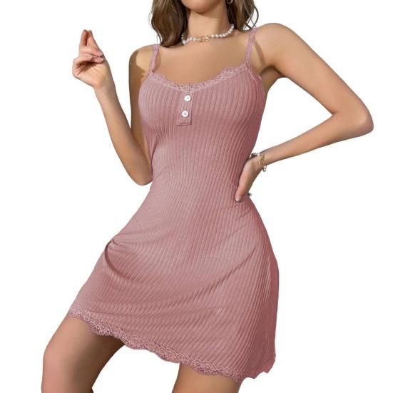 Women's Sexy Lace Nightgown Sleeveless Spaghetti Strap Ribbed Chemise Sleepwear Soft Babydoll Slip Nightdress