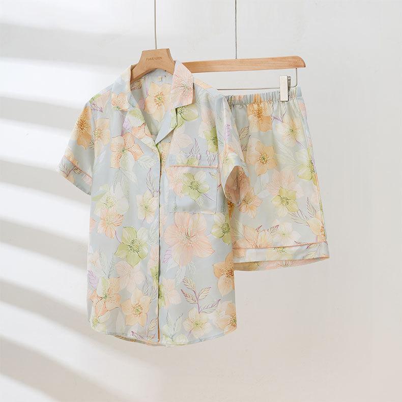 Summer Lyocell Tencel lapel short-sleeved pajama set women's flower print loungewear can be worn outside