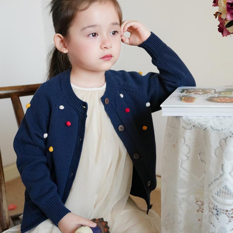 Spring and Autumn Children's Clothing Round Neck Children's Handmade Colorful Ball Knitted Cardigan Girls Cotton Sweater Cardigan Jacket