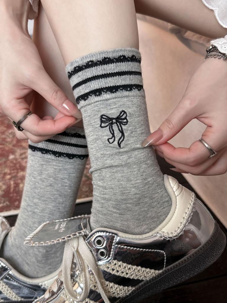 Striped Bow Socks, Socks, Spring And Autumn Cotton Socks, Trendy Korean German Training Shoes, Cute Stockings
