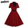 Vintage Women's Bow Tie Tie Matching Wine Red Cotton Swing Mid-length Dress