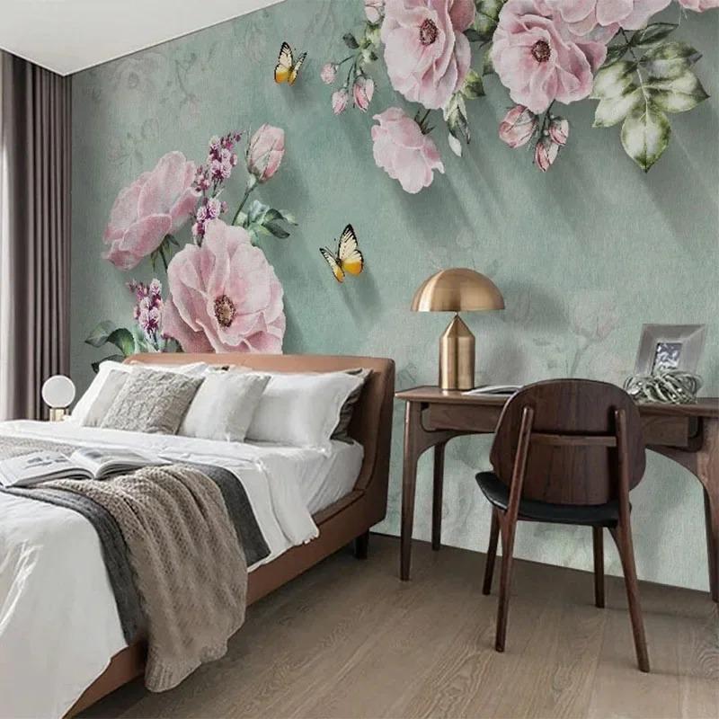 Фотообои Европейский ретро 3d роза цветок бабочка фреска гостиная спальня украшение дома обои