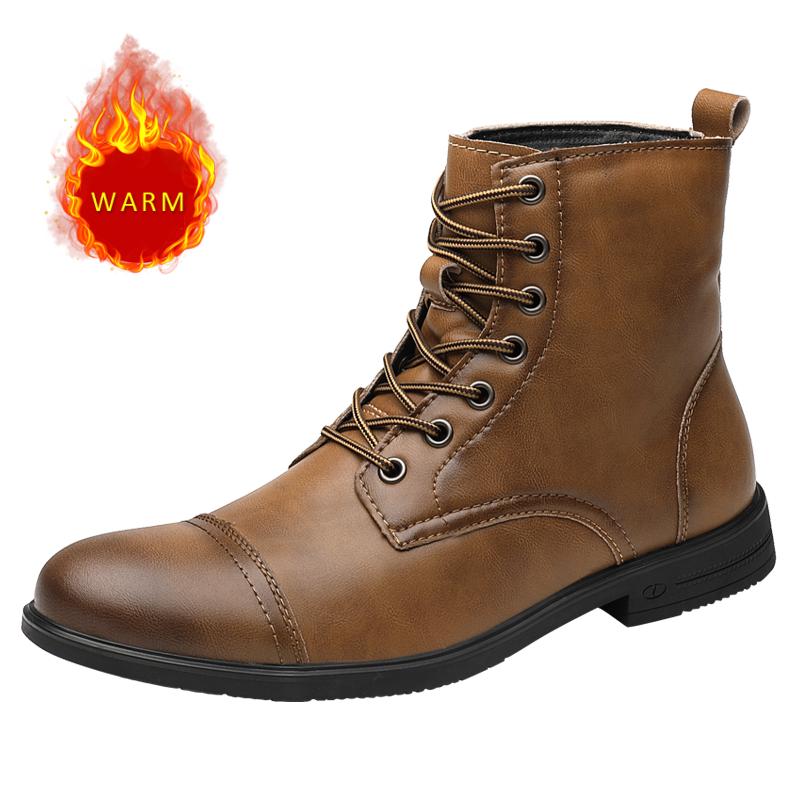 Уличная мода Рыцарские сапоги Красивые мотоциклетные сапоги Мужские высокие кожаные сапоги Зимние теплые плюшевые мужские уличные сапоги