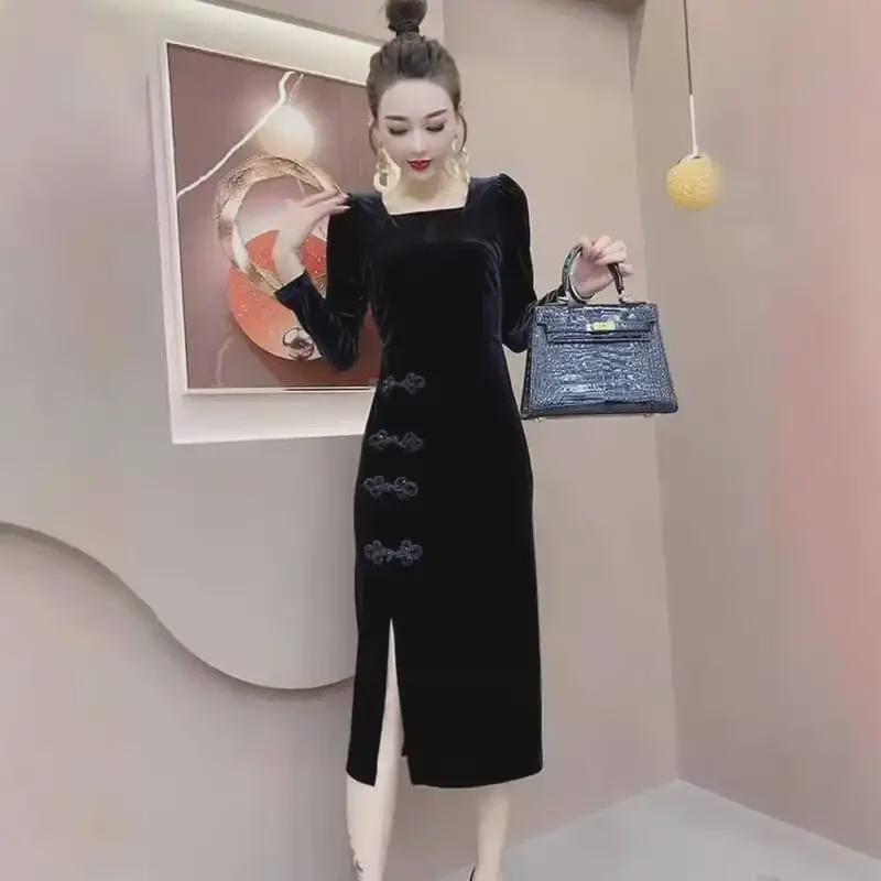 Женское платье с разрезом из черного золотого бархата: 2024 Осень/Зима Чонсам, юбка в стиле ретро