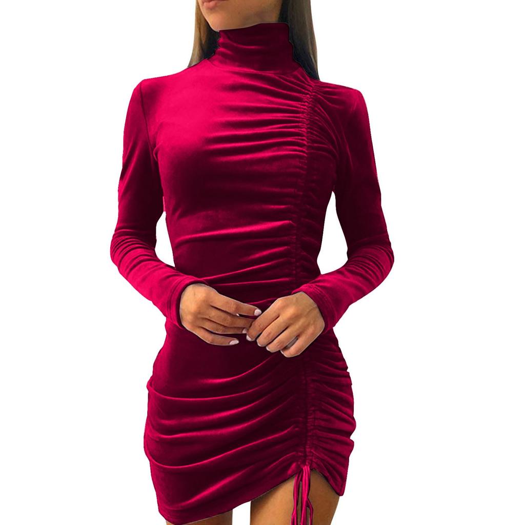 Women's Loose Casual Solid Color Drawstring High Neck Dress With Long Sleeves And Tight Fitting Hip Hugging Dress