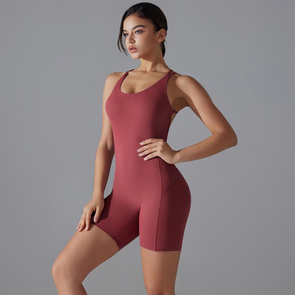 Auroth Back Cross Yoga Bodysuit Women Shorts One Piece Fitness Romper Outdoor Running Sports Jumpsuit