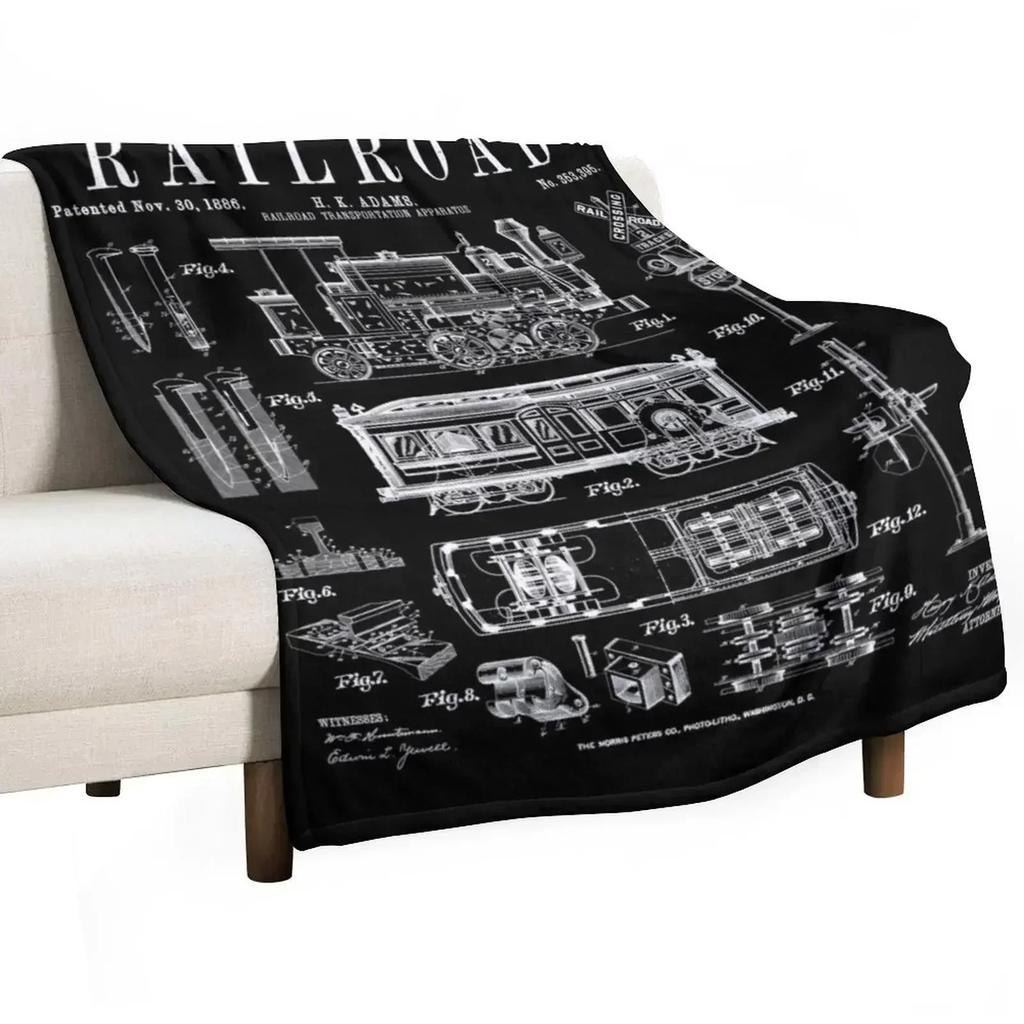 Railroad Railway Steam Locomotive Train Vintage Patent Print Throw Blanket Cozy Home Blanket Gift for Christmas Holiday