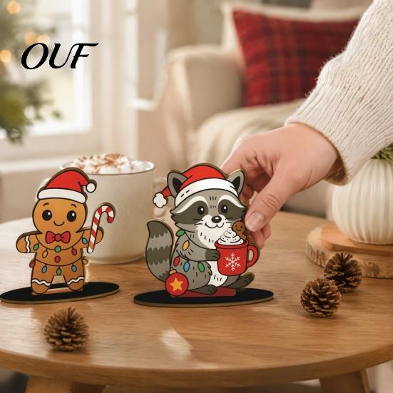 Decorative Character Figures 6Pcs Christmas Wooden Tabletop Ornaments, Stable Base Cartoon Animal/Santa Claus/Gingerbread Rustic Wood Ornaments